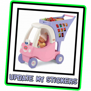 Little Tikes pink shopping trolley with the words Update My stickers underneath