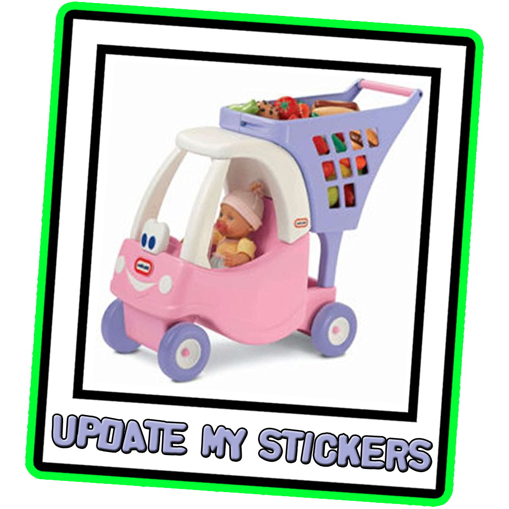 Little Tikes pink shopping trolley with the words Update My stickers underneath