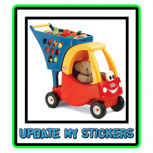 Little Tikes red shopping trolley with the words Update My stickers underneath