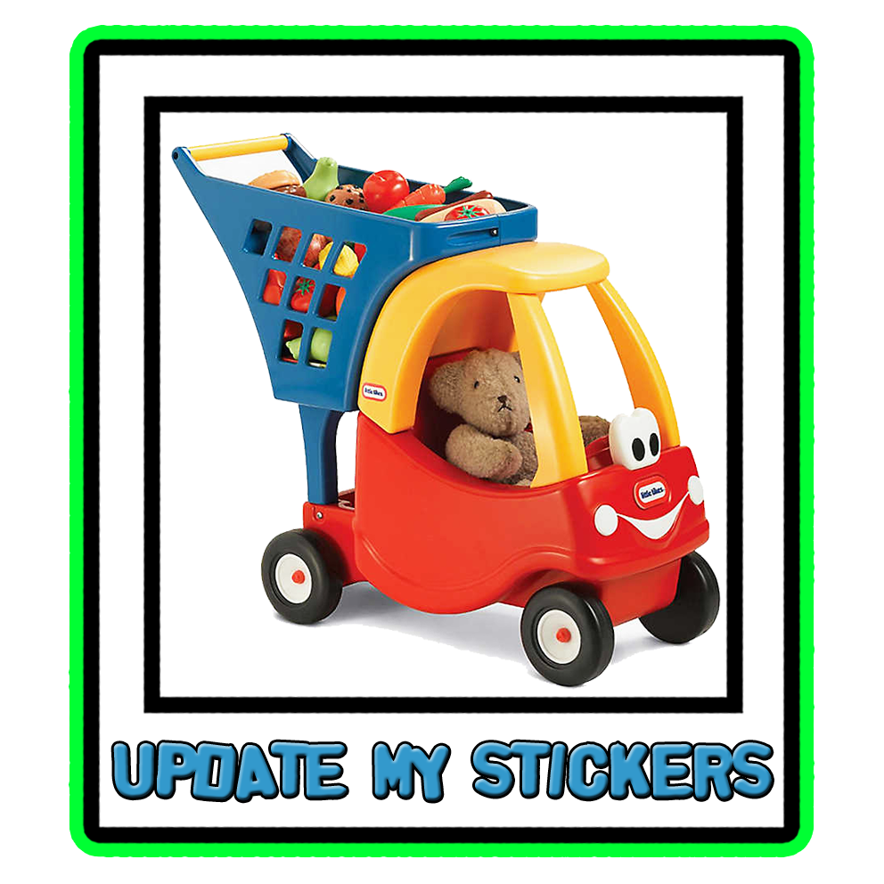 Little Tikes red shopping trolley with the words Update My stickers underneath