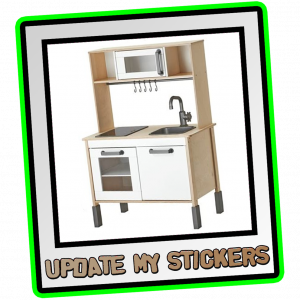 A kids IKEA Duktig Kitchen with the words Update My Stickers underneath