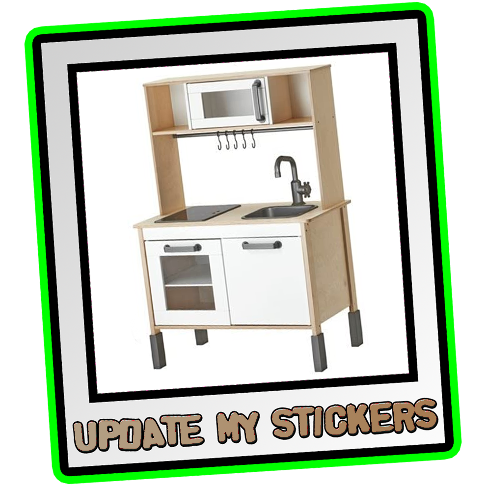 A kids IKEA Duktig Kitchen with the words Update My Stickers underneath