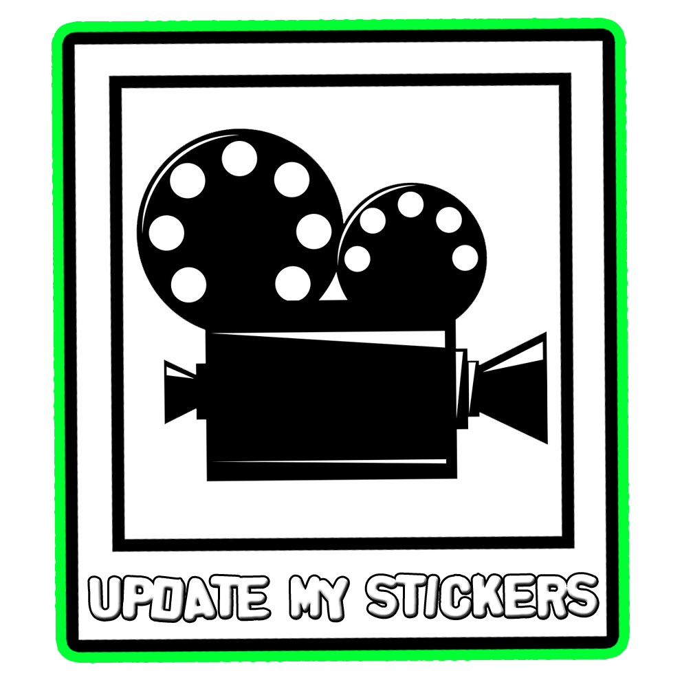 Traditional image of a movie camera reel with Update my Stickers Underneath