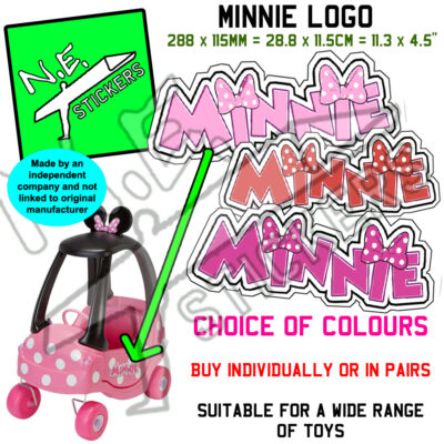 Three different colours of MINNIE sticker, shown with a Little Tikes Minnie Mouse Cozy Coupe I