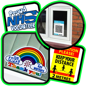 shows a range of stickers related to COVID-19 and health care.