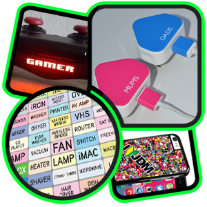 shows a range of gadgets with personalised stickers, including a Playstation controller, iPhone charger and mobile phone case.