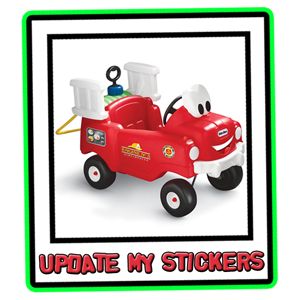 Shows a roofless red fire engine with happy eyes on the front.