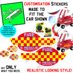 Piture shows the stickers contained within the fire engine set (2 doors, a mouth, mirror and dials, and two emergency number stickers).