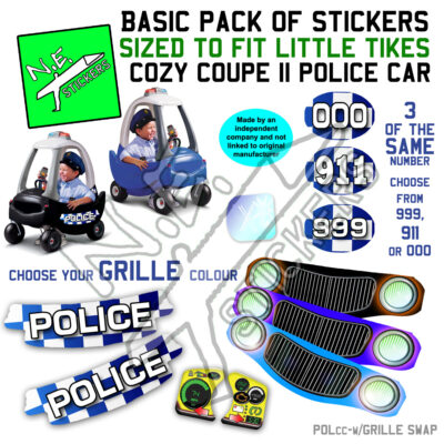 Sticker pack, showing blue and white tartan police stickers - a grille, two door stickers, dials, and mirror. aong with a choice of 3 of the same number (either 999, 911 or 000).