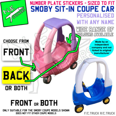 Image shows front and back number plate stickers to fit a doorless smoby ride on car.