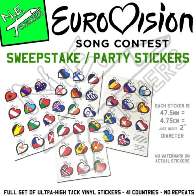 White circular stickers, each containing a black logo heart with a country flag at its centre. There are 41 stickers in total, one for each of the Eurovision participant countries.