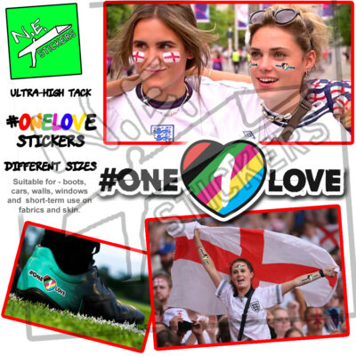 A female football fan looks happy with an arm around another female - and the "One Love" logo stuck to her cheeks. A football boot with a "One Love" logo stuck to the heel. A lady with an England flag held proudly above her head, displays the "One Love" logo on her arms and forehead.