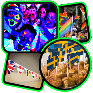 A range of party-related imagery (a glow party, some sausage rolls with cocktail stick flags, country bunting and a pride crowd).