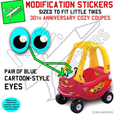 Pair of blue eye stickers sized to fit Little Tikes Cozy Coupe - for Lightning McQueen upcycle.