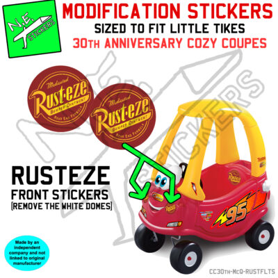 Pair of front Rusteze logo stickers sized to fit Little Tikes Cozy Coupe - for Lightning McQueen upcycle.