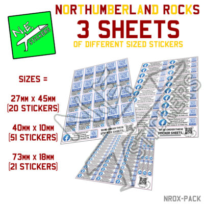 3 sheets of different sized rectangular stickers with Northumberland Rocks facebook group referral information