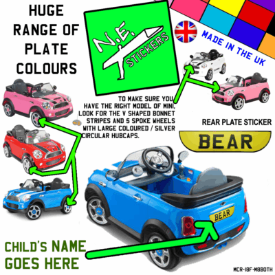 Rear Number plate sticker to fit Rollplay Mini Cooper S 6v kids ride on battery powered toy car