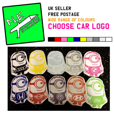 A series of minion car stickers, dressed as little mechanics. They are different colours and their overalls each have a different car brand logo on them.